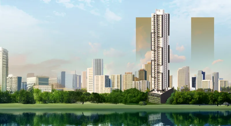 Render de la torre Sky Parc II sobre el skyline de Costa del Este, Ciudad de Panamá