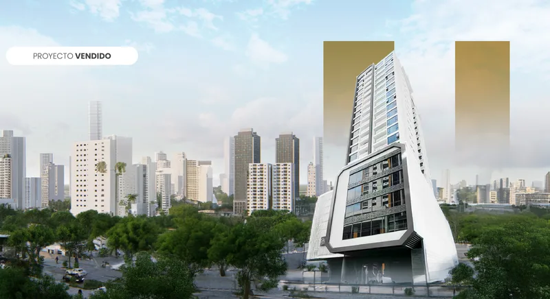 Render de la torre Sky Swiss sobre el perfil urbano de El Cangrejo, Ciudad de Panamá