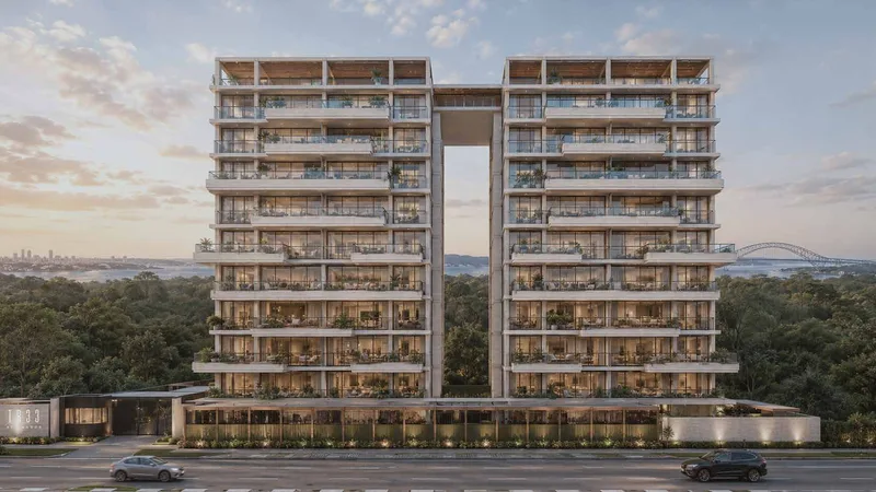 Render frontal de las torres LUX y AER de TR33 at Amador, Ciudad de Panamá