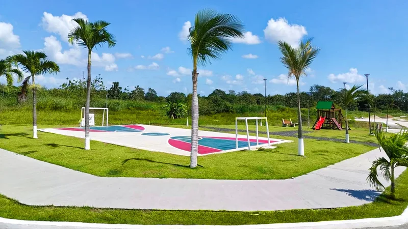 Área de recreación con cancha y parque infantil rodeada de palmeras en Alamedas de Pacora