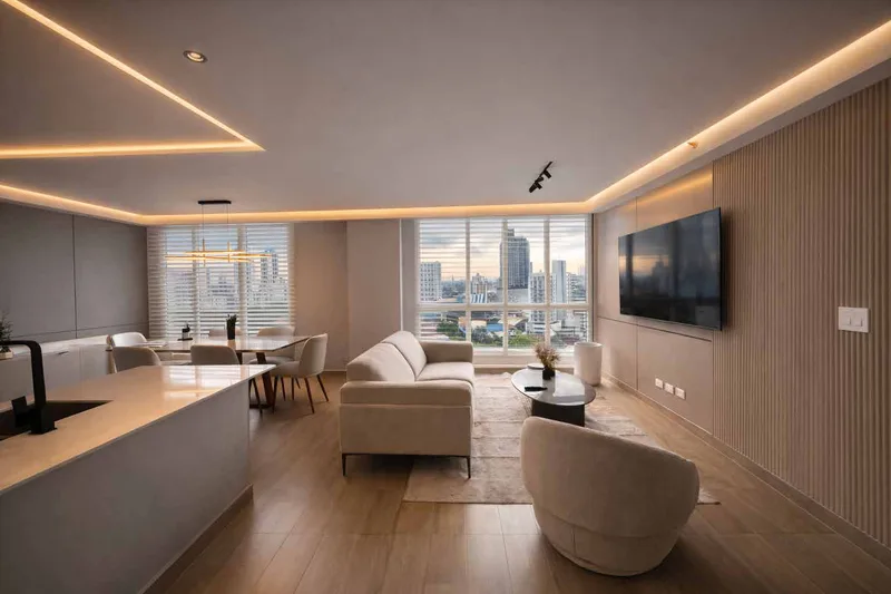 Sala-comedor del apartamento modelo de PH Omar Park View con iluminación indirecta y vista a la ciudad