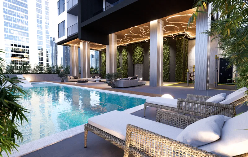 Terraza con piscina y camastros con vista a las torres de Costa del Este — render de Sky Parc II