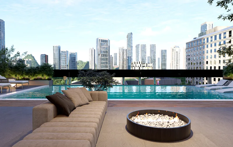 Sala exterior en la terraza con vista panorámica a la piscina y al skyline de la ciudad — Sky Parc II