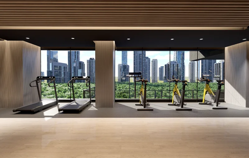 Gimnasio equipado con vista a la ciudad en Sky Parc II