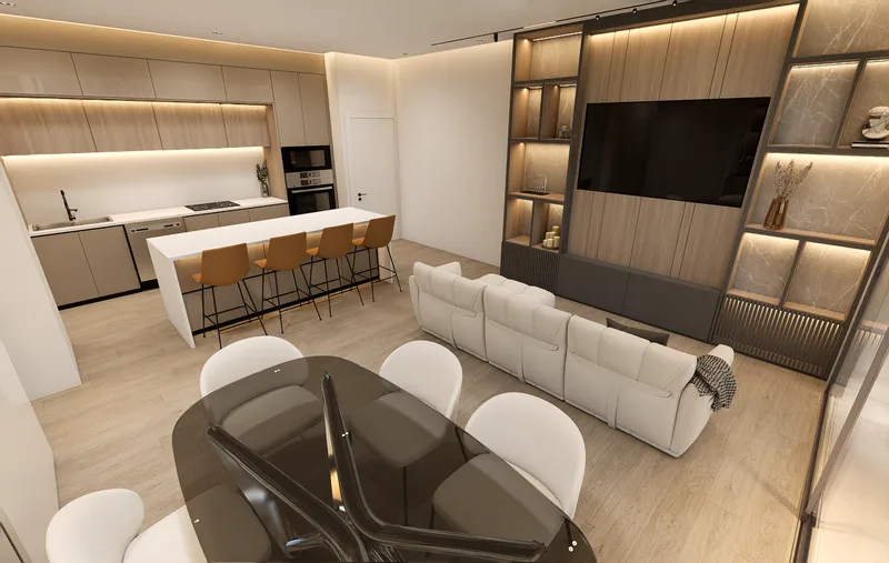 Sala-comedor y cocina abierta del apartamento modelo de Sky Parc II