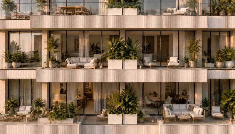 Render nocturno de la fachada de TR33 at Amador