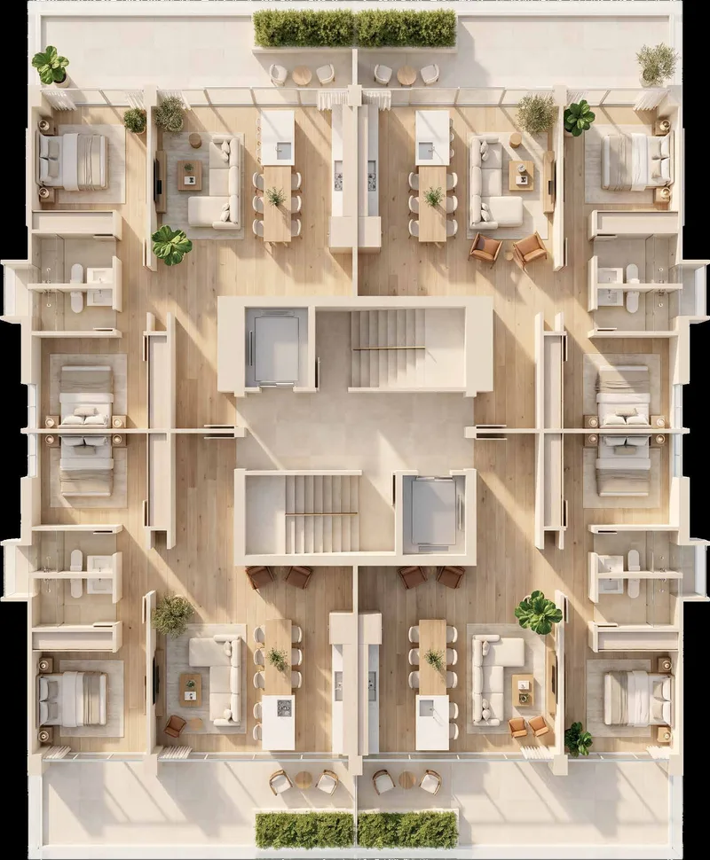 Planta de nivel con apartamentos Modelo A (unidades A–D) de TR33 at Amador