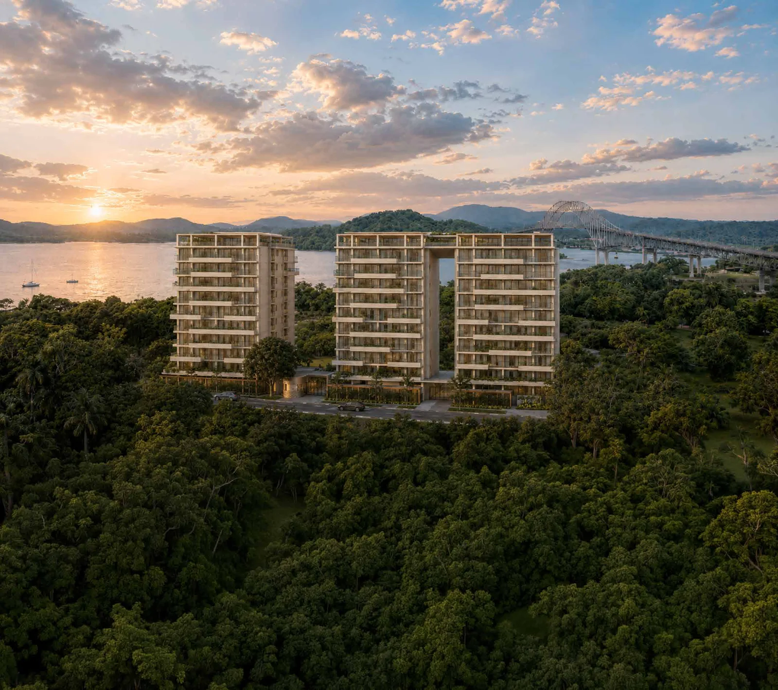 TR33 at Amador — render aéreo de las tres torres frente al Canal de Panamá
