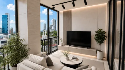 Sala amoblada con vista a la ciudad