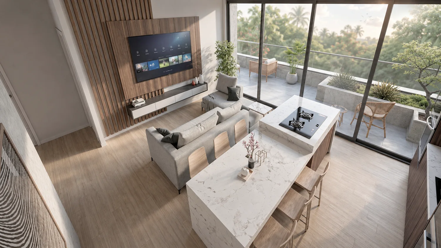Sala con ventanales de piso a techo